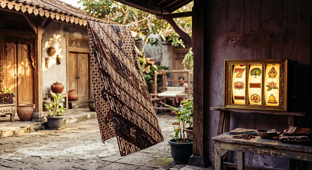 Kain batik berwarna cokelat krem tergantung di jemuran bengkel dengan gulungan simbol tujuh bercahaya hangat di dekatnya