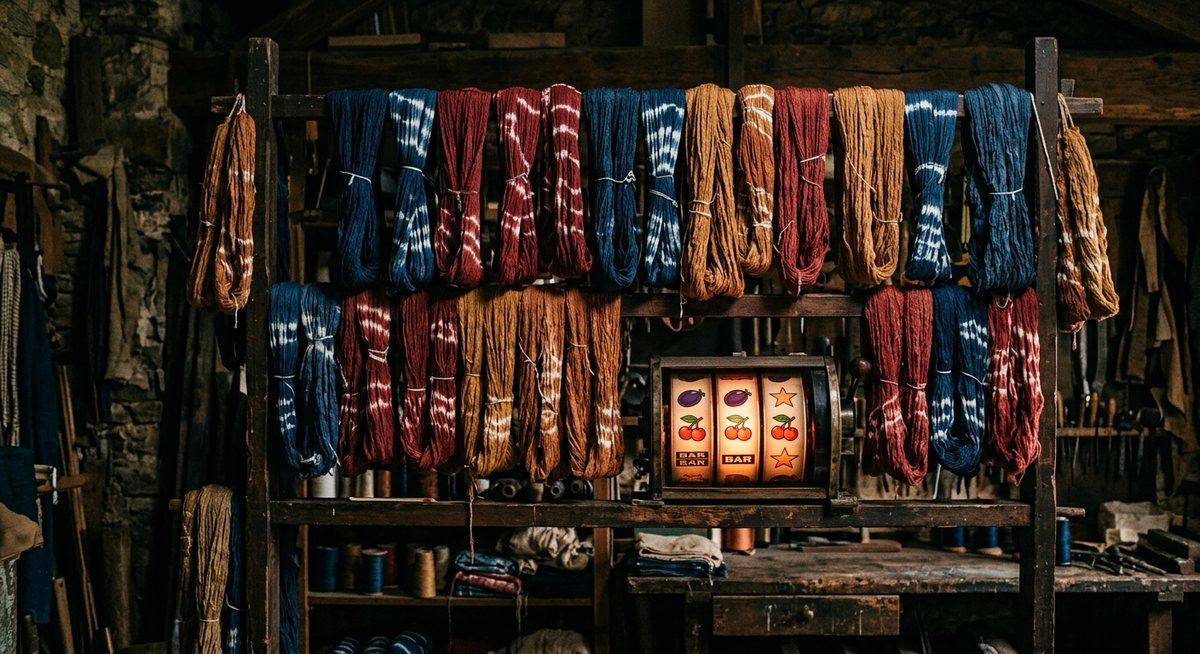 Ikatan benang siap celup berwarna indigo dan terung tergantung di rak kayu dengan gulungan slot cherry bercahaya di ujungnya