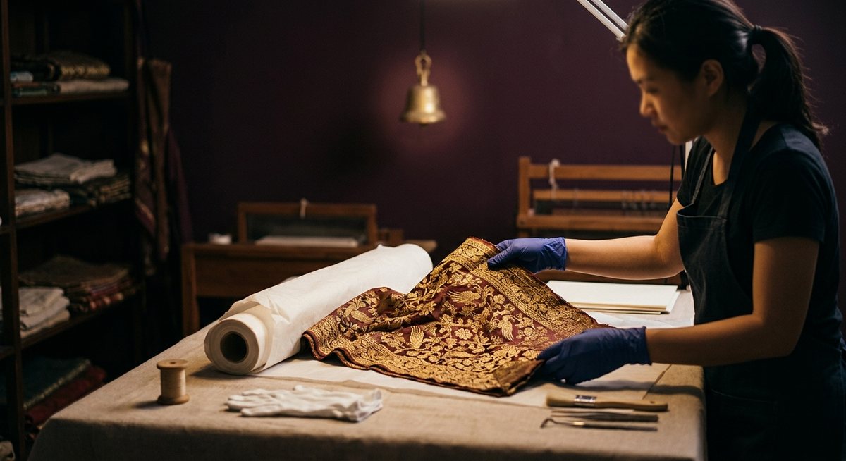 Kain songket tua dibuka dari lipatan lama di meja perawatan dengan cahaya lembut dan gulungan simbol bell bercahaya samar di latar