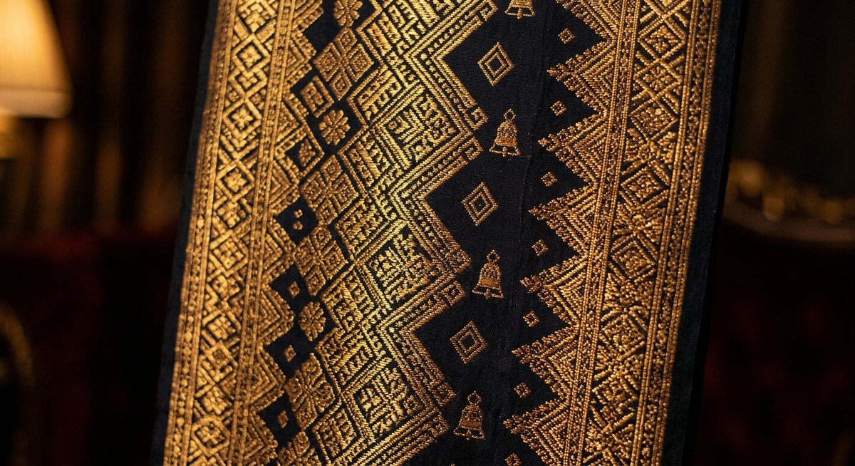 Kain songket emas bermotif geometris berkilau di bawah cahaya hangat dengan gulungan slot diamond bell bercahaya di sisi kain